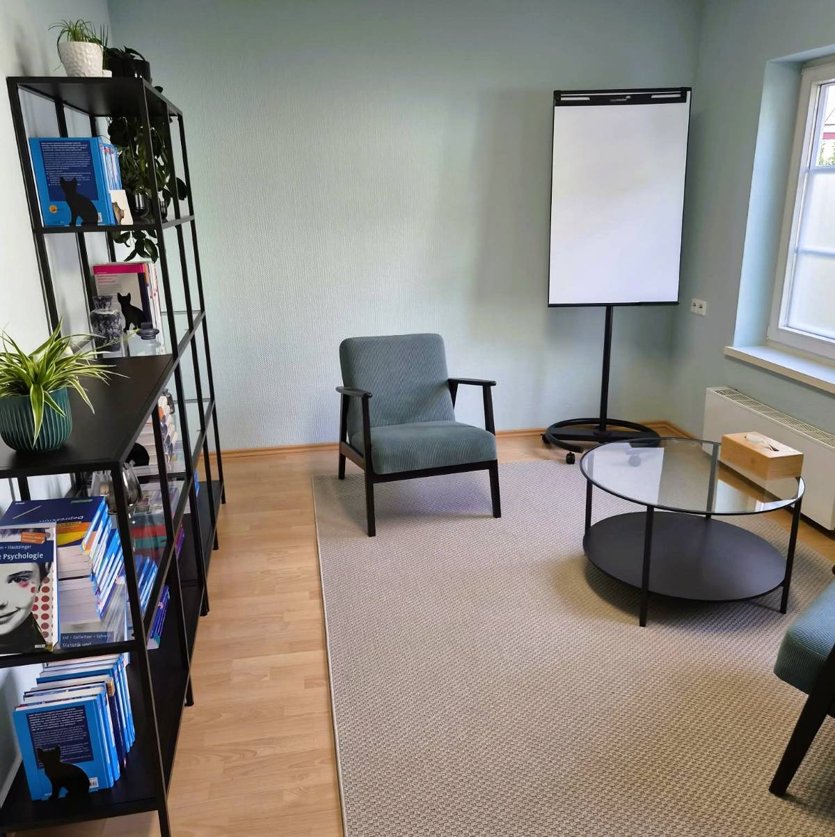 Einblick in den Praxisraum Praxisraum für Einzeltherapie in Kirchheim unter Teck mit Sesseln und Fachbibliothek.